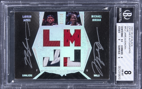 2007-08 Upper Deck Black Patches Autographs Dual #AJJ LeBron James & Michael Jordan Signed Patch Card (#01/10) - BGS NM-MT 8/BGS 8 (POP 1)
